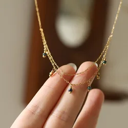 Delicate Shiny Vintage Colored Stone Tassel Chain Necklace Fashion Stainless Steel Temperament Delicate Jewelry Women