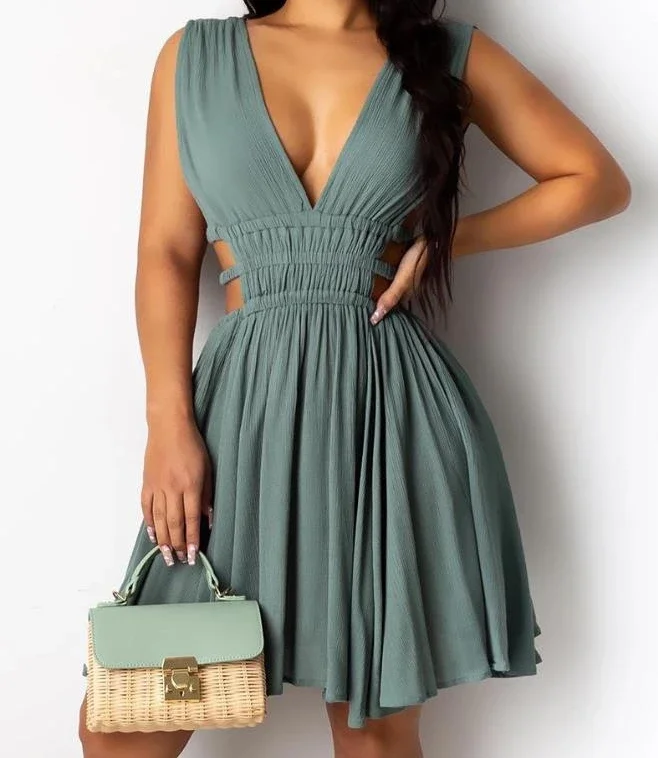 Letnia Nowa Damska Seksowna Sukienka Mini Bodycon Bez Rękawów z Dekoltem w Serek, Elegancka, Dopasowana, na Imprezę, do Pracy, z Wysokim Stanem, Vestidos