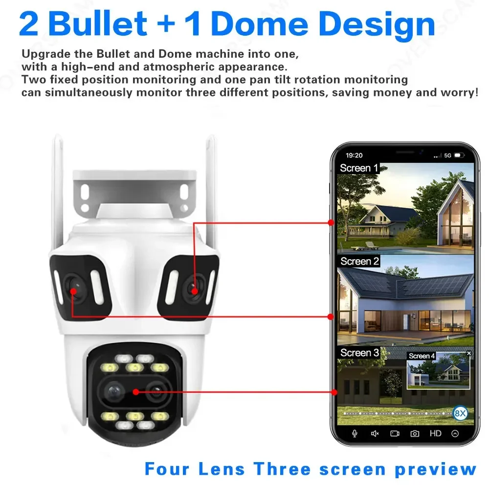 8K 16MP WiFi PTZ Camera Four Lens Three Screens 8X Zoom Outdoor CCTV Security Camera Auto Tracking Video Surveillance IP Cam