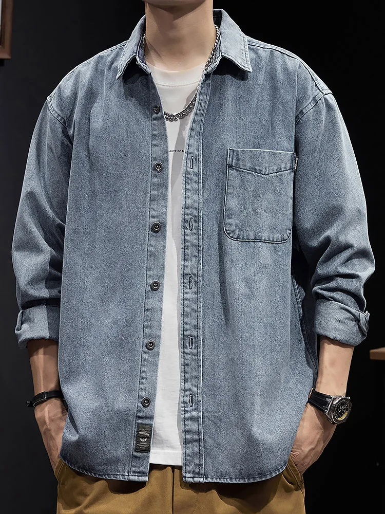 

American Retro Casual Workwear Denim irt Men's Outerwear Spring Trendy Loose Versatile Long Sve irt Youth ular