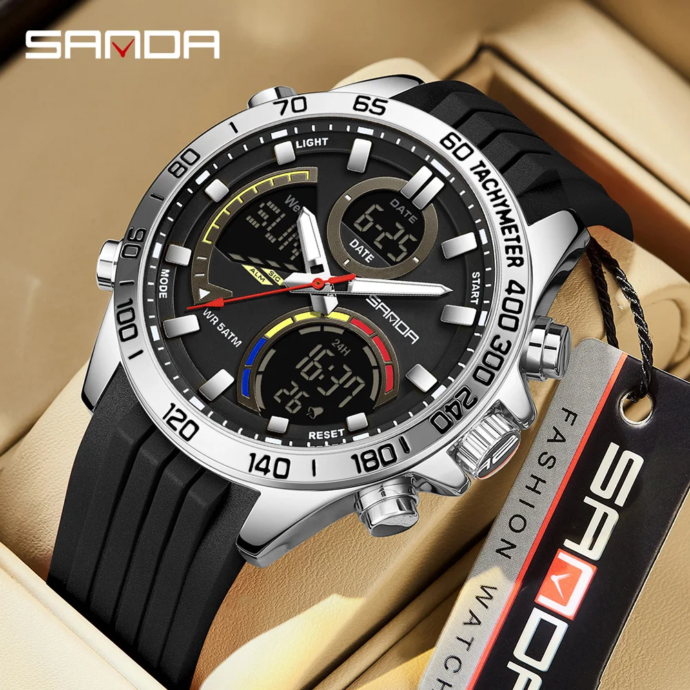 

SANDA 6269 Dual Display Electronic Watch Men's Dual Movement 5ATM Waterproof Night Light Three Ground Time Student Sports Watch