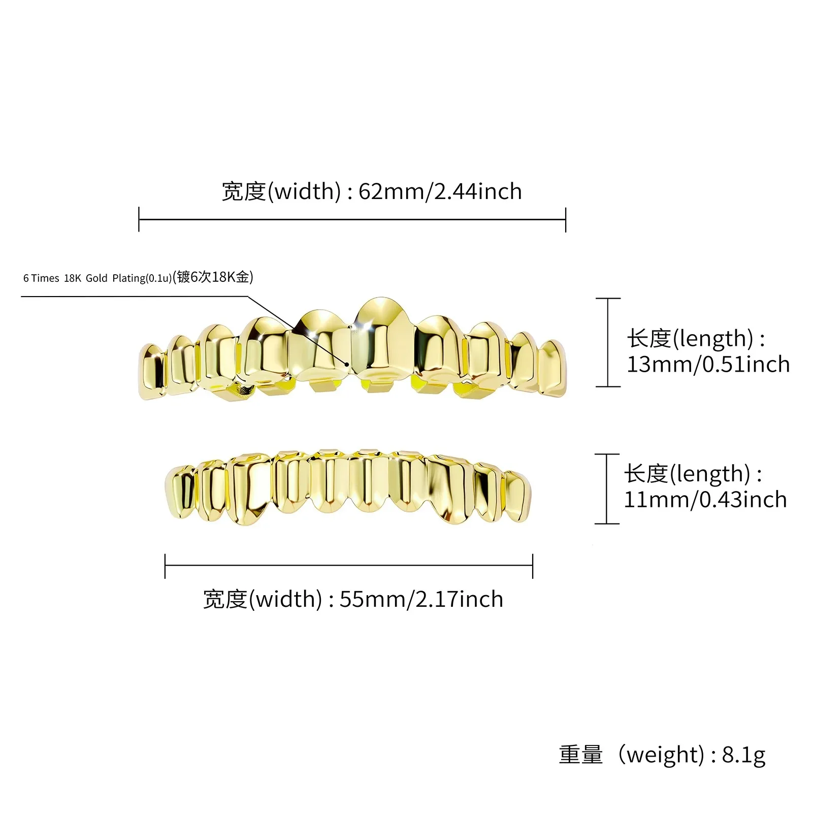 Gold Color Hip Hop Grillz Set No Stone Solid Mirror Top Bottom 10 Teeth Grills Shiny Punk Rapper Christmas Jewelry Men Women view 6