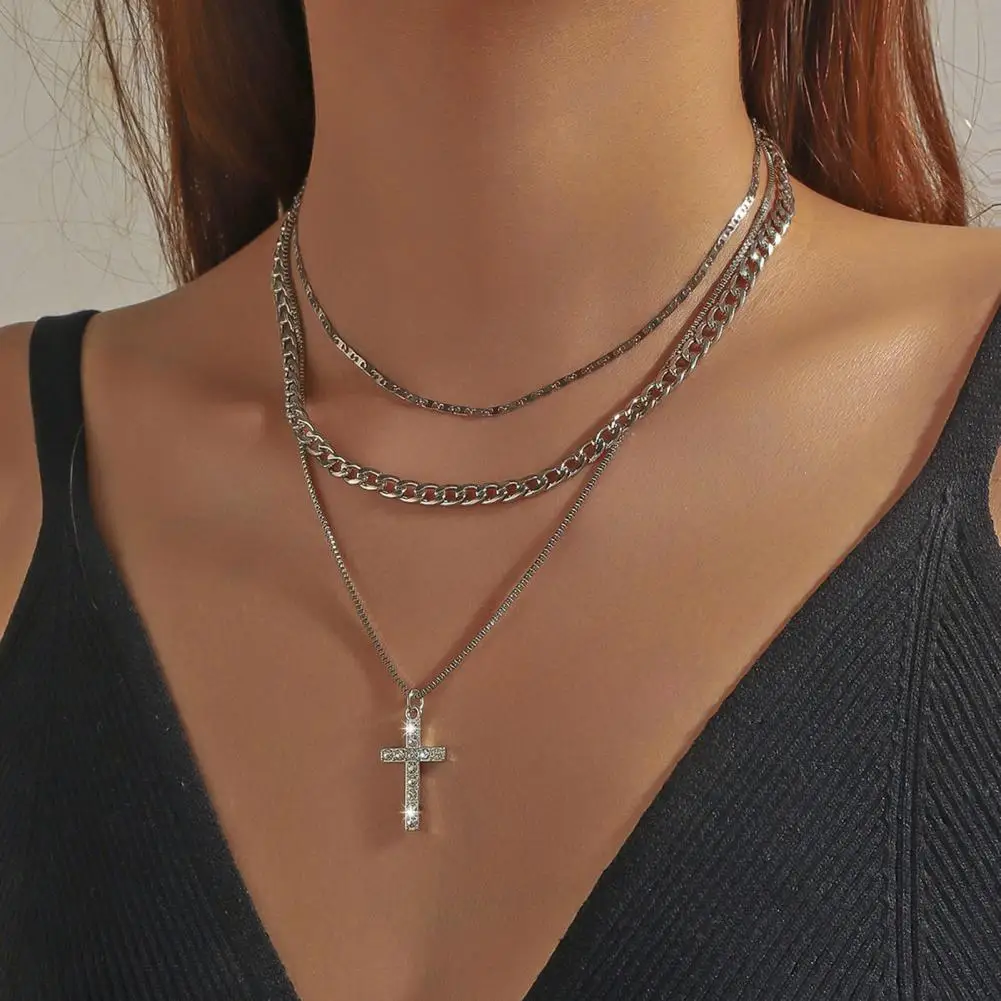 Layered Cross Necklace for Women Rhinestone Crystal Pendant Multi-Layer Choker Chain Jewelry Dainty Gold/Silver Plated Statement