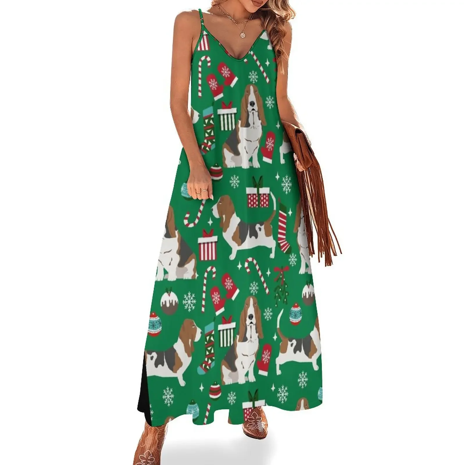 

Basset Hound christmas pattern christmas dog breed pet friendly gifts Sleeveless Dress Women's summer dresses