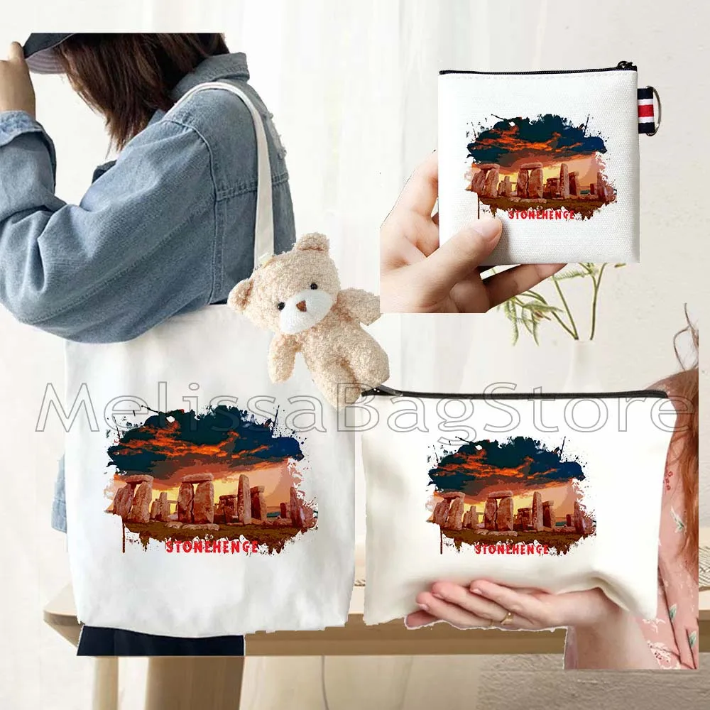 4PCS Gifts Set Stonehenge White Canvas Tote Bag Handbag with Doll Key Coin Purse Cosmetic Makeup Toilet Bag Case Pouch