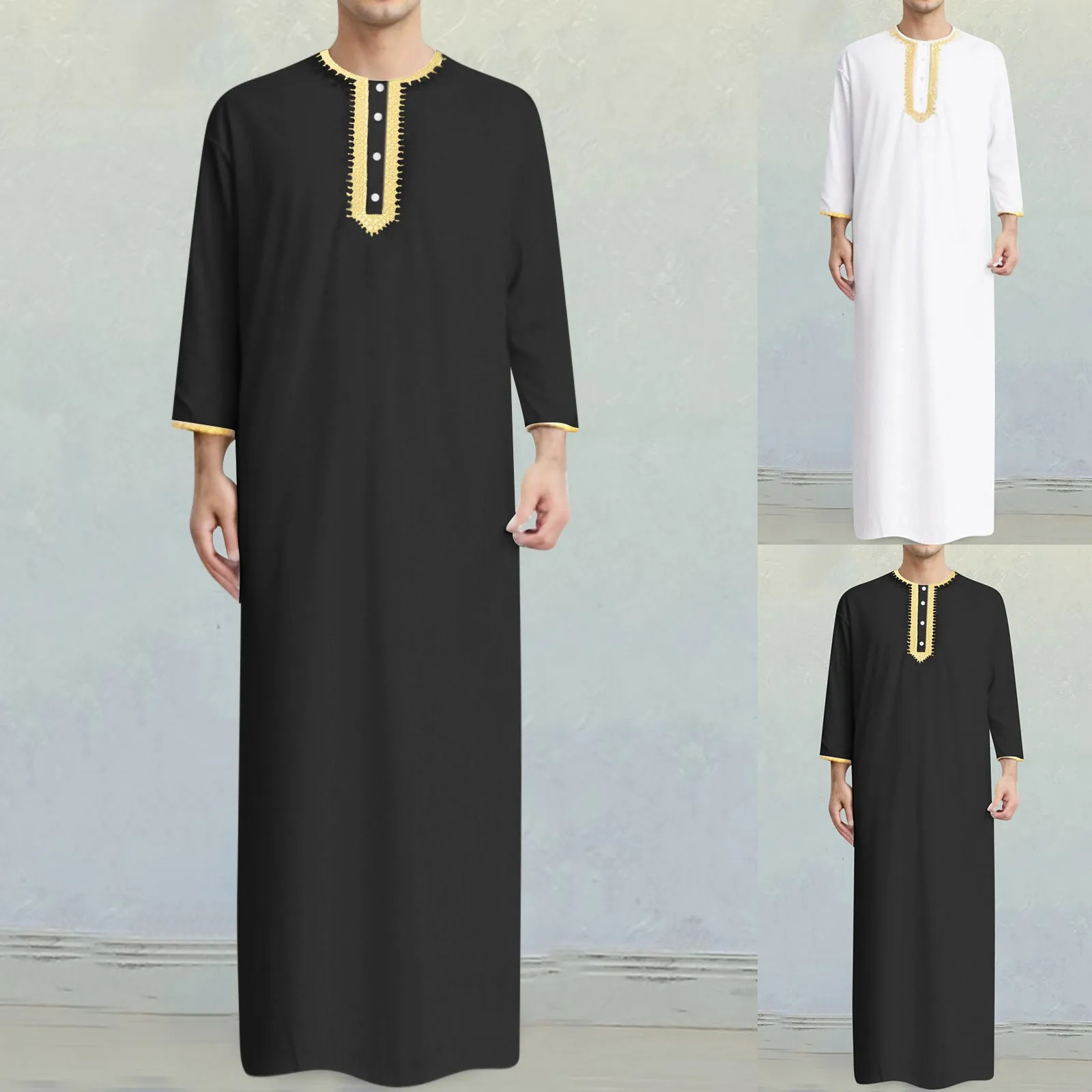 Thobe Jubba pour hommes musulmans, col montant, caftan arabe islamique, kimono à boutons, robe du milieu, chemises musulmanes saoudiennes, document solide, 2024