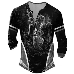 2024 New Vintage Printed Long Sleeve T Shirt 3D Paladin Long Sleeve Casual V Neck Shirt Oversized Top T Shirt Men's Clothing