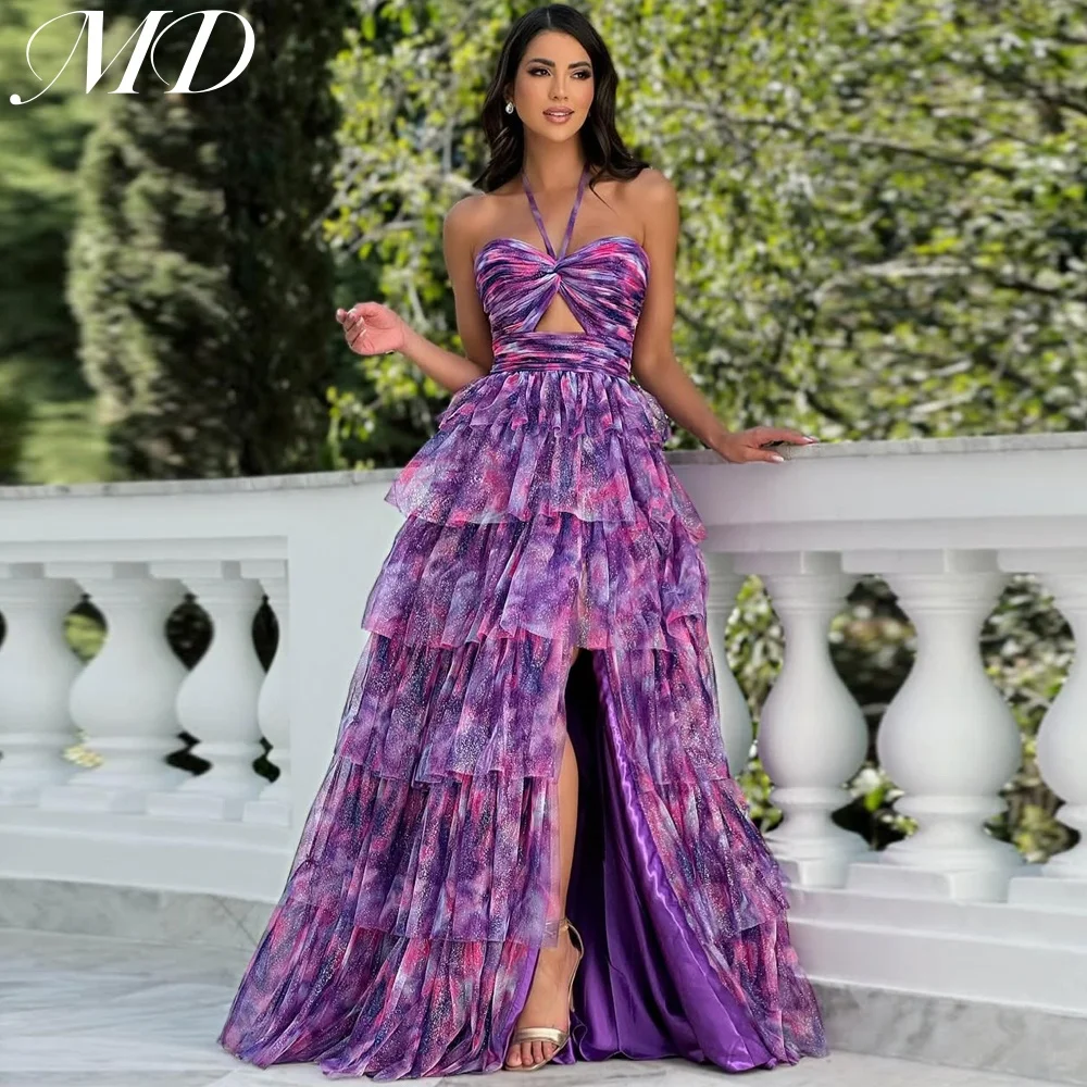MD Modern New Tie-dye Print Halter Evening Gown Pleat Tiered Side Slit Special occasion Dress فساتين سهرة customised