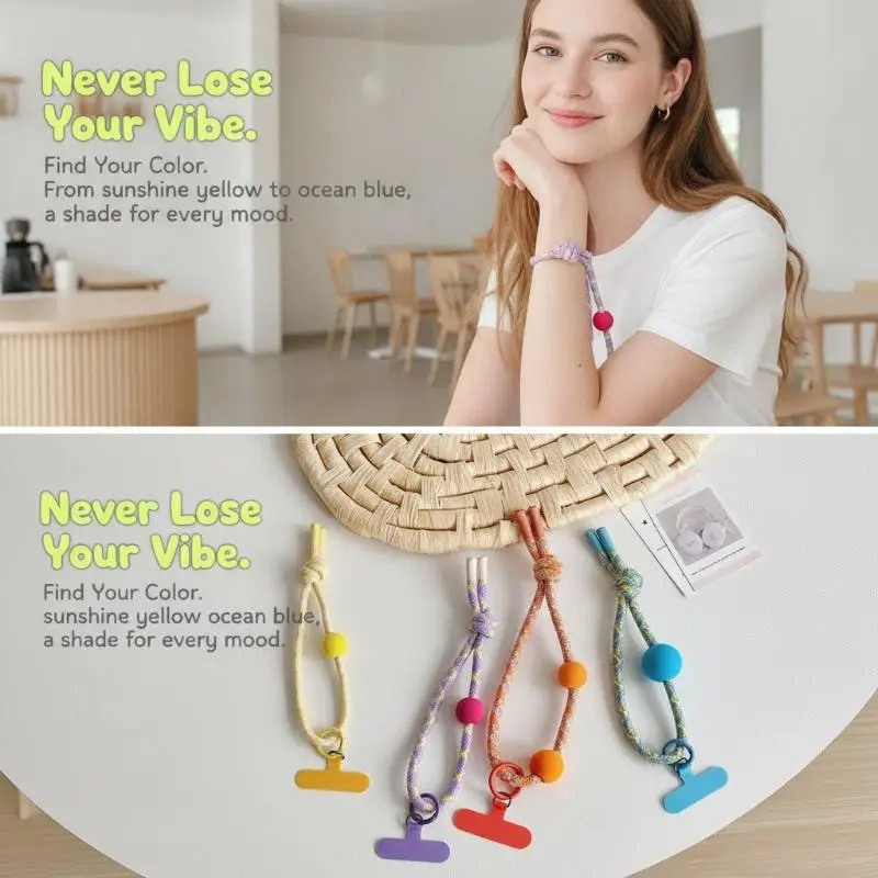 Buntes, geflochtenes Handy-Handgelenksband mit weichem Pompon für den täglichen Gebrauch, Reisen und Outdoor-Aktivitäten. – Detail 17