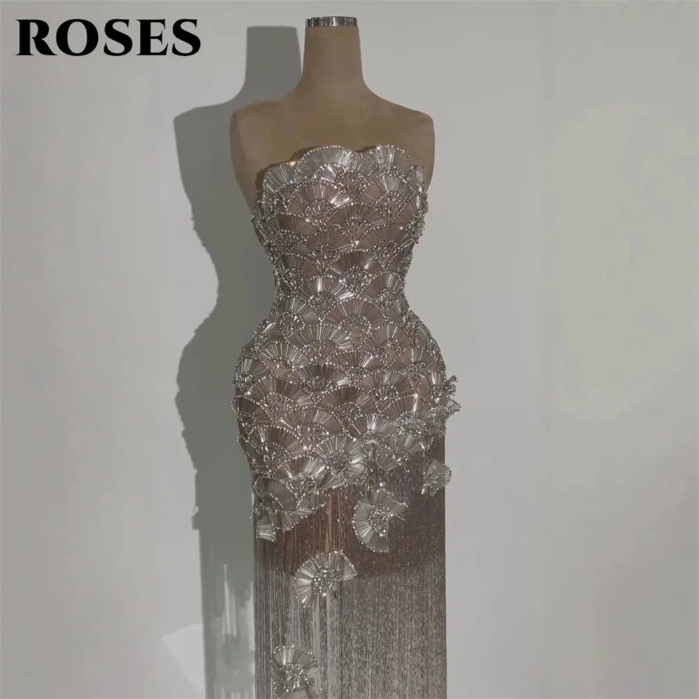 ROSES Silver Prom Dress Heavy Handmade Rhinestone Fringe Formal Dress Strapless Mermaid Evening Dresses for Women Customized
