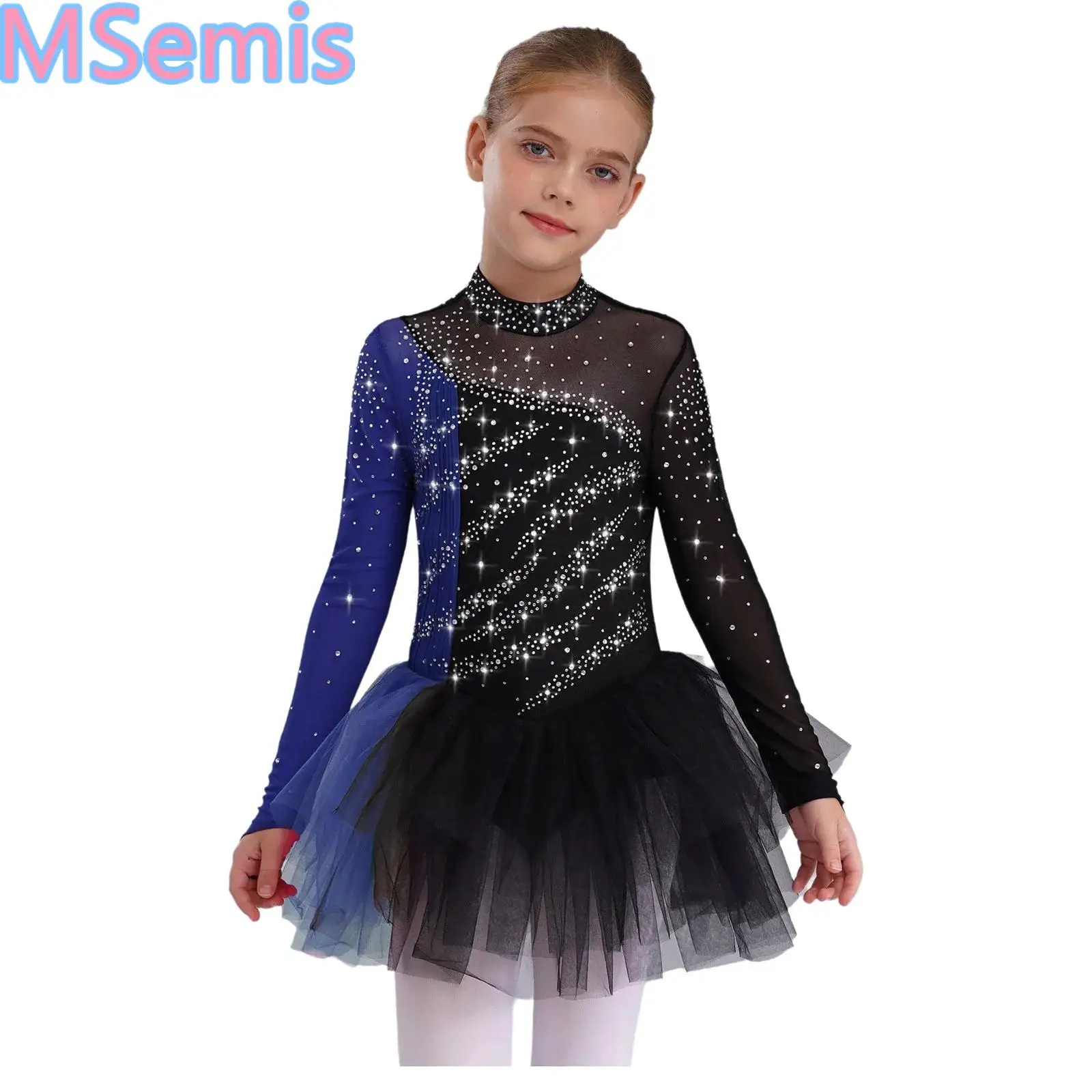 

Girls Ballet Gymnastic Leotard Dress Figure Skating Dance Costume Long Sleeves Rhinestone Color Block Mesh Tulle Dress Dancewear