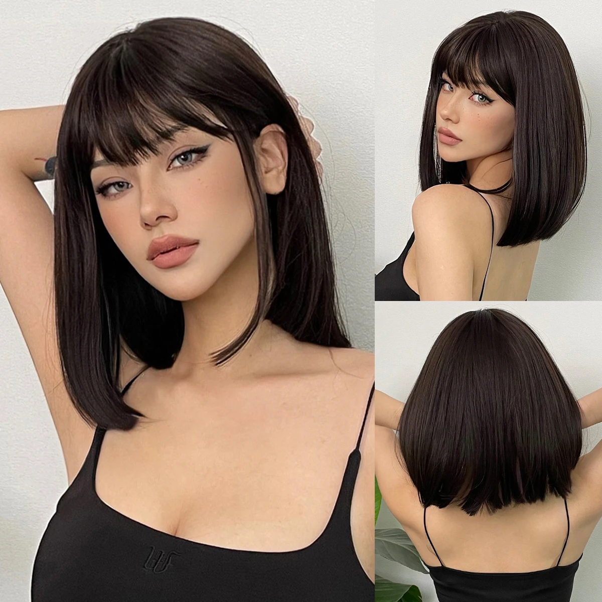 

Black Brown Hairs Short Straight Natural Bob Synthetic Wig with Bangs for White Women Heat Resistant Daily Cosplay Loliat Wig