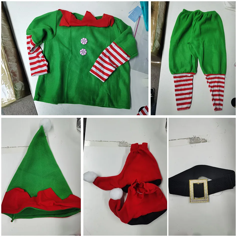 Christmas Family Matching Clothes Boy Girl Elf Xmas Clothes Set Adult Green Red Party Tops Pants Hat Belt Outfit Cosplay Costume