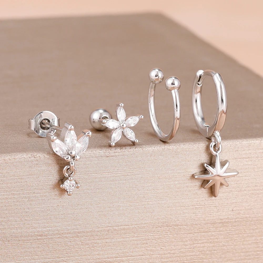 4Pcs Glittered Crystal Flower Stud Earring Set for Women Casual Zirconia 14K Gold Plated Earring Women Vacation Party Jewelry