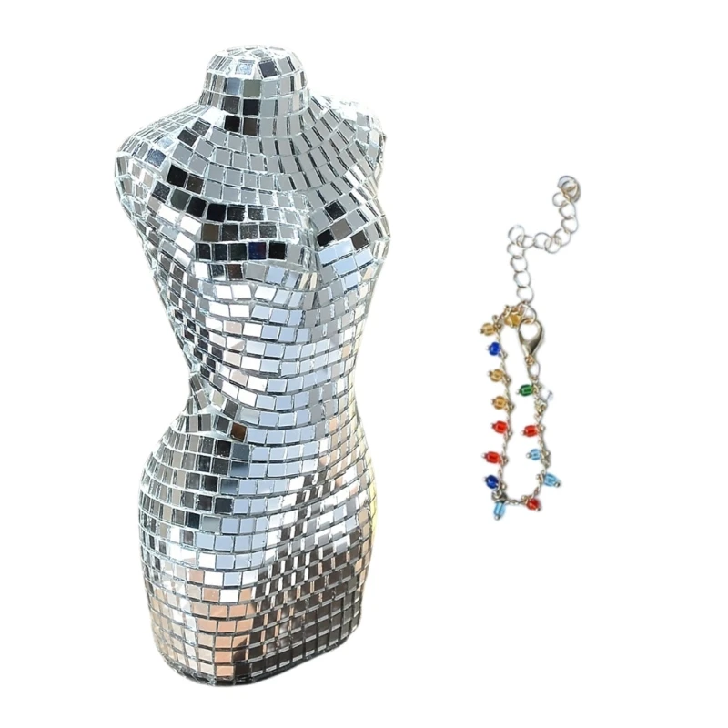 Silver Discos Reflective Mirrored Woman Body Statue with Necklace Ornaments for Dance Parties and Festival Decorations