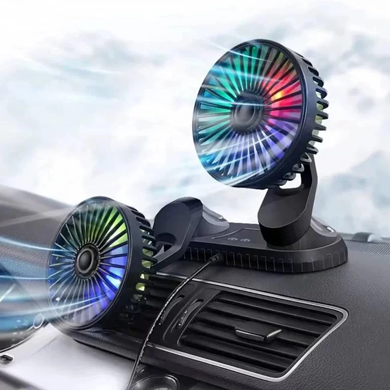 Car Fan, 360° Adjustable Dual Head USB Cooling Air Fan Low Noise Fan For Car SUV RV Truck ,With Coloured Light