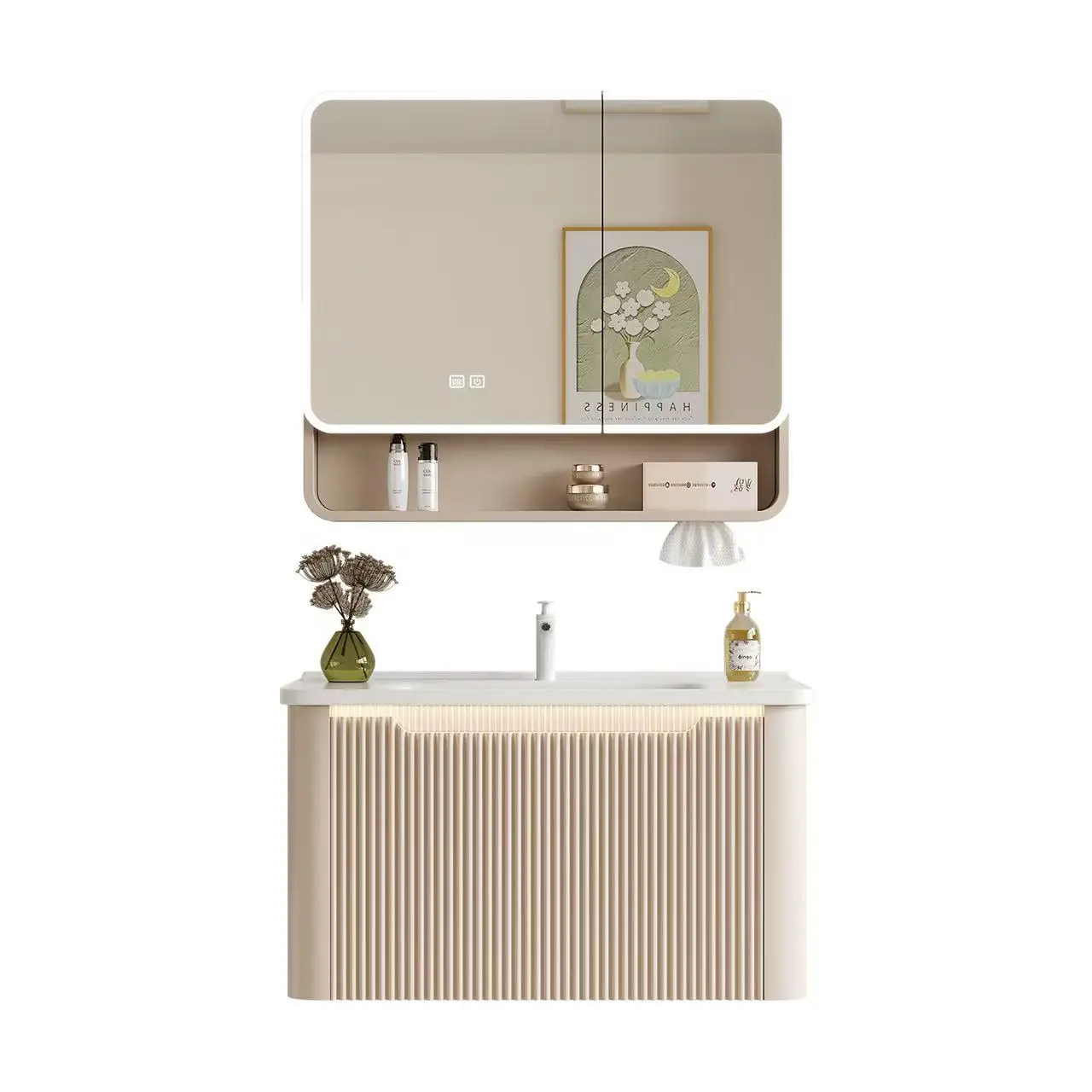Luxurious European-style Modern Aluminum Waterproof Bathroom Cabinet Set, Integrated Ceramic Basin, LED Bathroom Mirror