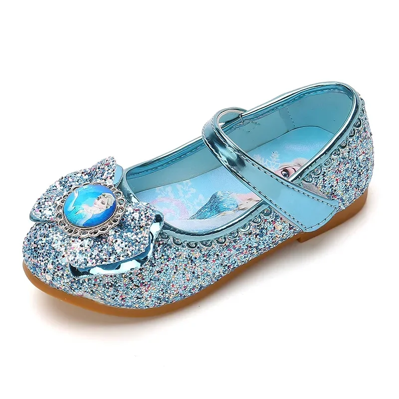 Frozen Anna Elsa Princess Kid Girls Leather Shoes Casual Glitter Children Girl Wedding Crystal Shoes Butterfly Bowknot Sandals