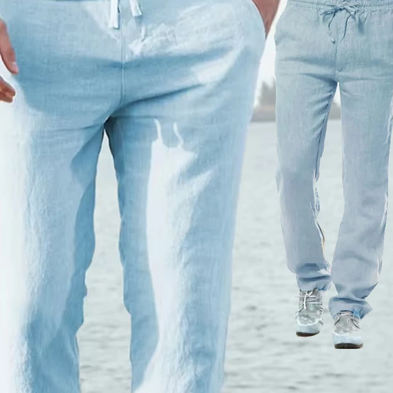 

Men's Cotton Linen Straight Leg Pants Lightweight Breathable Casual Solid Color Simple Style Long Pants Elastic Waist Trousers