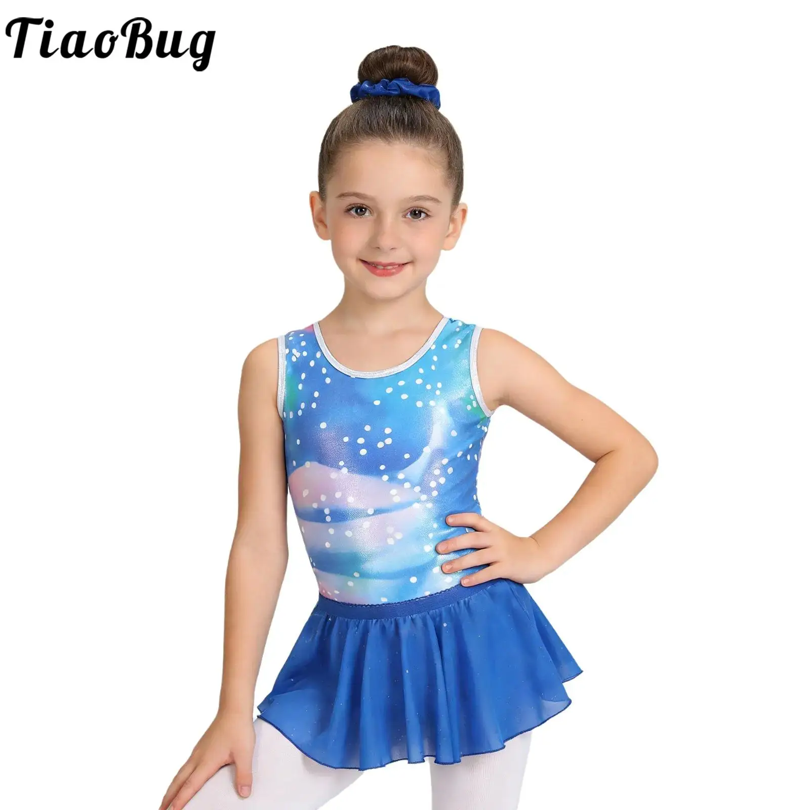 

Kid Girls Rhythmic Gymnastics Ballet Dance Outfit Workout Sport Clothes Sleeveless Printed Leotard with Tutu Skirt And Hair Band