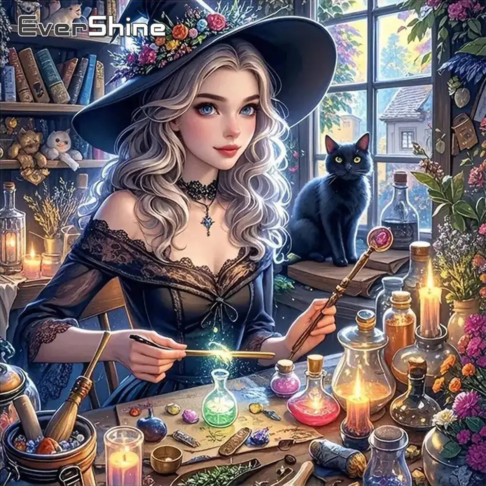 Evershine 5D DIY Diamond Embroidery Woman Portrait Girl Painting Cat Picture Rhinestones Witch Mosaic Book Handmade Hobby