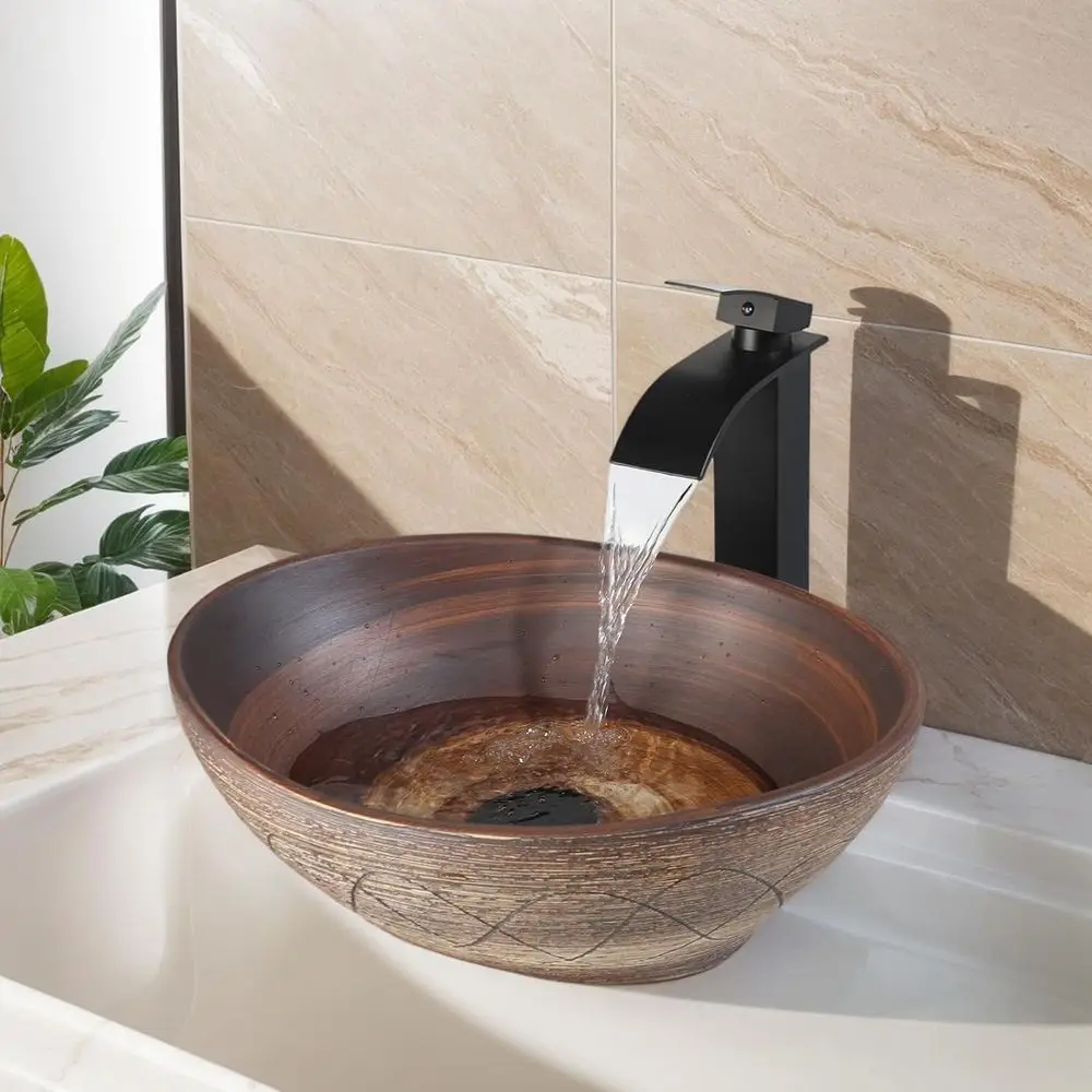 

Ceramic Vessel Sink with Faucet and Drain Combo Brown Bathroom Sink Above Counter Oval Sinks Bowl