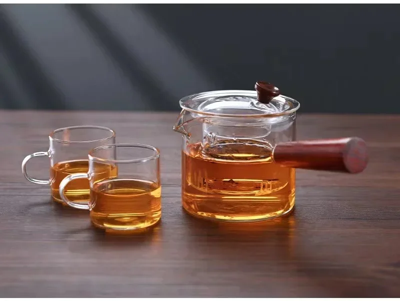 Japanese Glass Teapot with Side Handles Tea Pot with Wooden Handles Kung Fu Tea Set Thickened Tea Maker Intuitive Tea Pot