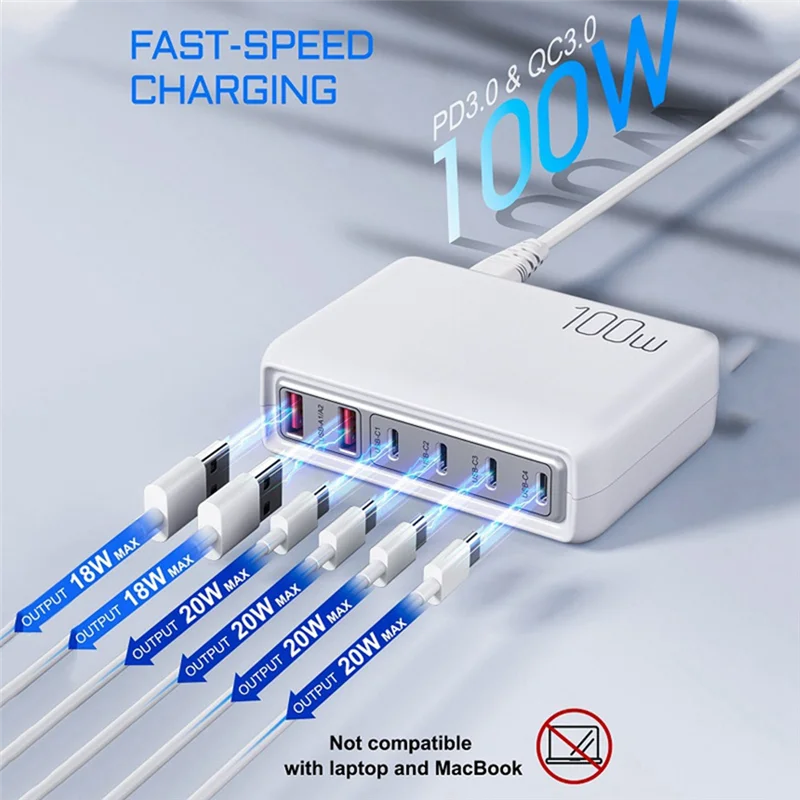 

For 20W Fast Charge Cell Phone Charger Portable 100W Multi-Port Charger + US Plug Black-Y41A