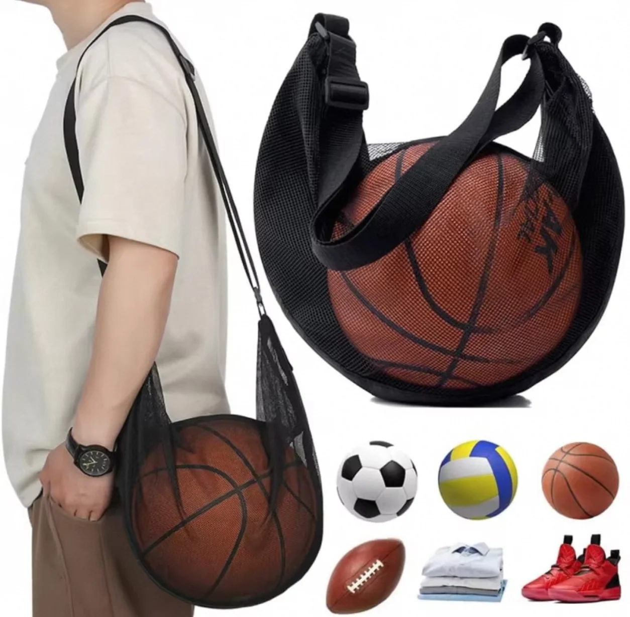Anti-Tear Mesh Single Ball Bag Fits Size 7 Basketball Soccer Volleyball Crossbody Carrier With Adjustable Strap & Zipper