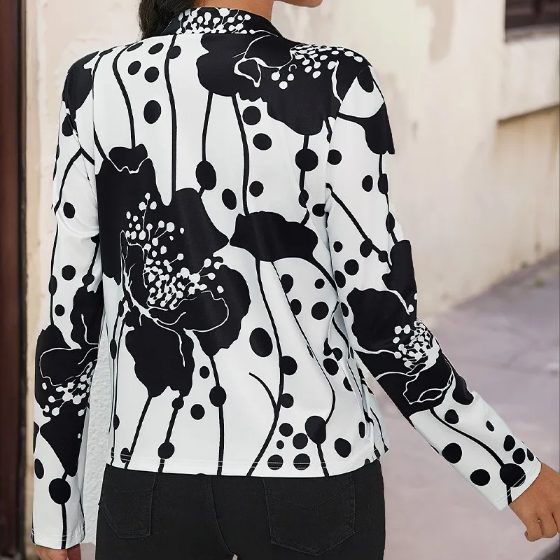 Spring and Autumn Black and White Flower Print Cardigan Casual Fashion Commuting Suit Long Sleeve Jacket Elegant Top