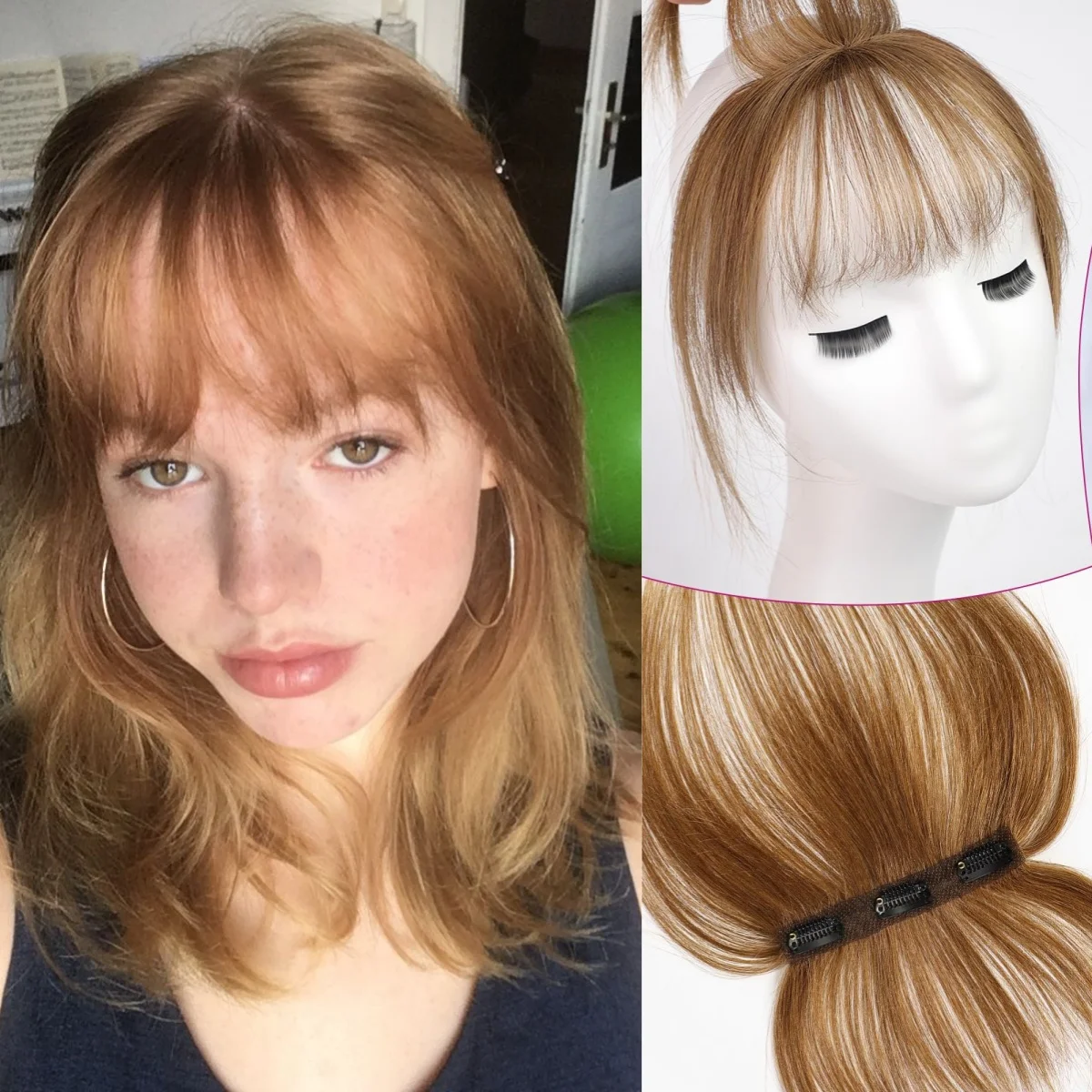 Brown 100% Human Hair Bangs for Women Upgraded Clip in Air Wispy Fringe with Sideburns Blunt Cut Hairpiece Extensions for Daily