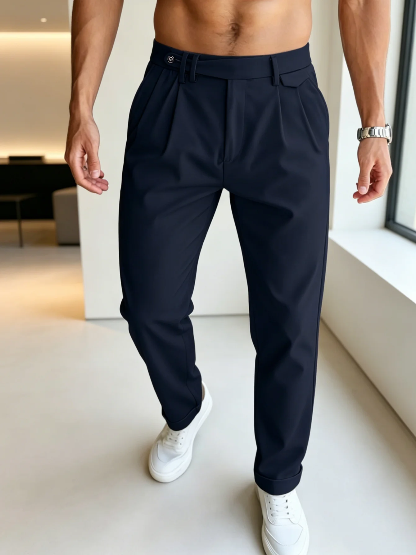 

Men Double Pleated Cuffed Ankle Dress Pants Wrinkle Free Slim Tapered Cropped Suit Trousers Business Casual Chinos S-XXL
