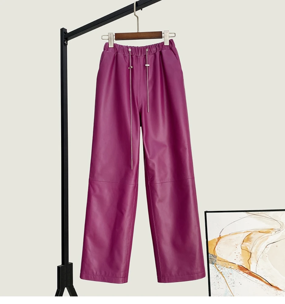 

Brand New Autumn Winter Fashion Women High Quality Genuine Leather Elastic Waist High-rise Pants B265