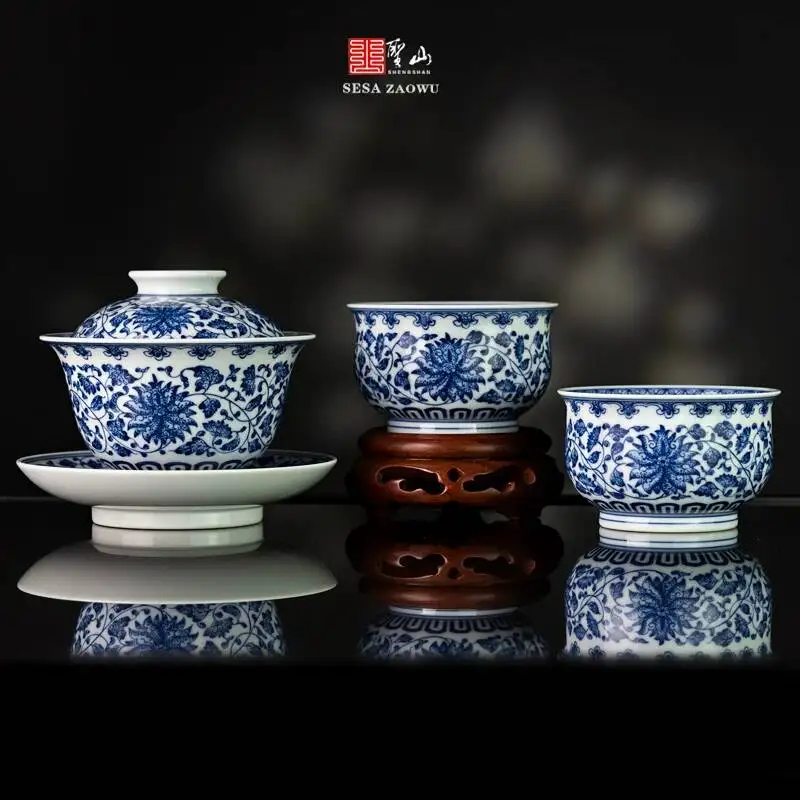 Holy Mountain Jingdezhen Blue And White Lotus Sancai Ceramic Antique Hand-Painted Set Tea Tureen