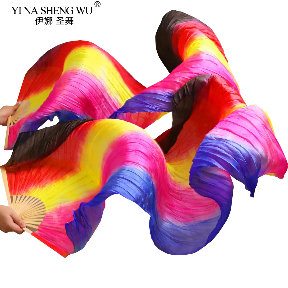 Vente chaude 100% éventail en soie 1 paire fait à la main de haute qualité éventails de danse du ventre en soie rayures verticales bleu + Rose + jaune + rouge + noir 180*90 cm