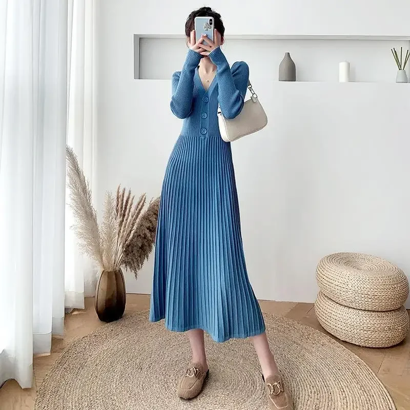 

Knitted V Neck Maxi Long Robe Evening Pleated Crochet Clothes Woman Dress Purple Dresses for Women Vintage Thic Y2k New E462