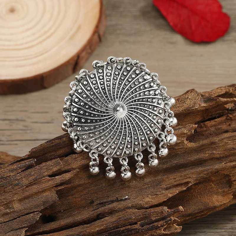Ethnic Boho Silver Color Round Rings New Vintage Carved Beads Pendant Tassel Geometric Party Jewelry Gifts for Women