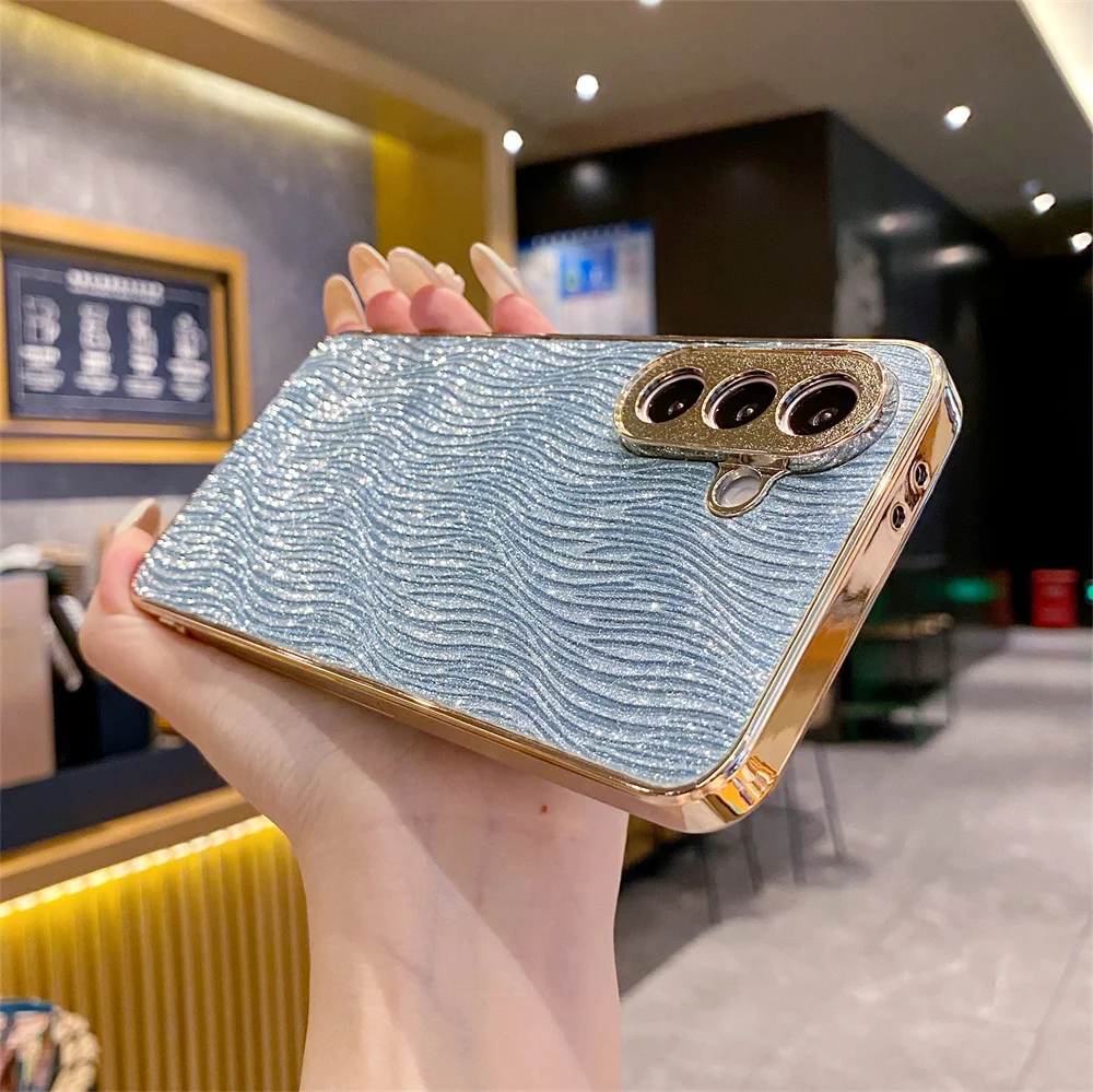 Glitter Waterflow Pattern PU Leather Case for Samsung Galaxy A57/A56/A55/A35/A14/A16 Gold Plating Camera Lens Protection Cover