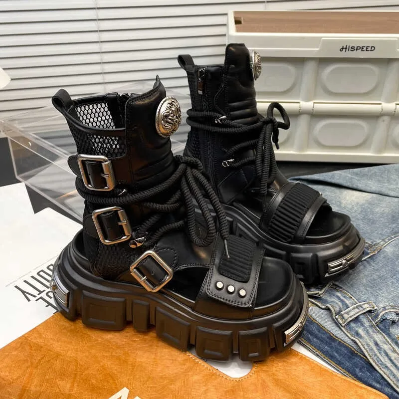 

Women's Fashion Summer Cool Boots Metal Belt Buckle Retro Womens Sandal Platform Hollow Out Punk Belt Buckle Sandals Botas Mujer