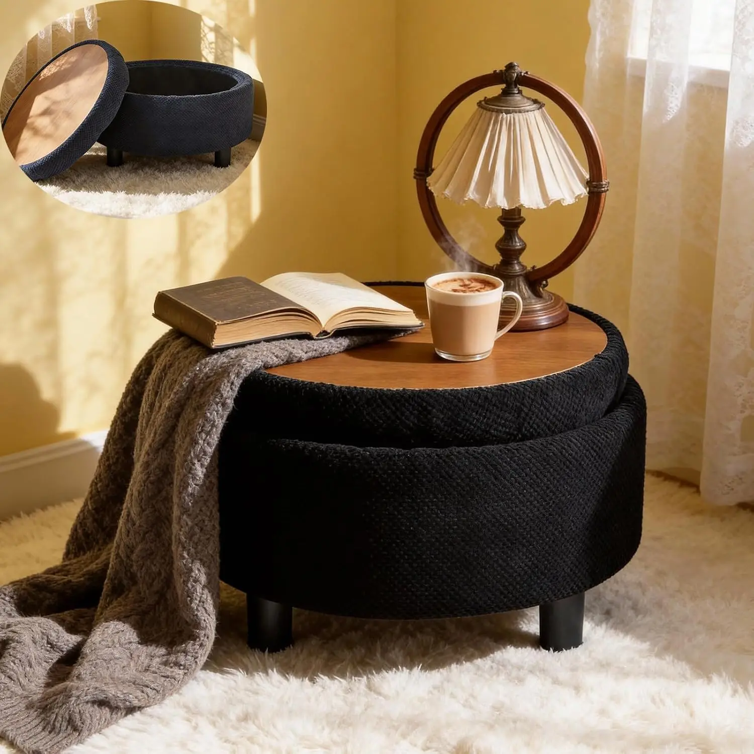 Round Storage Ottoman Reversible Tray Lid 25