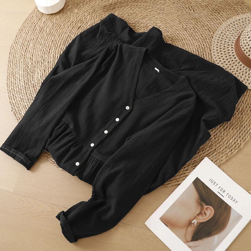 Spring Autumn Cotton Linen Loose V Neck Artistic Open Front Long Sleeve Knee Length Dress Casual Women plus Size Skirt