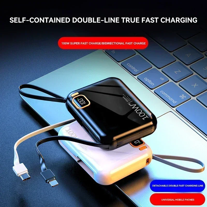 30000mah Portable Power Bank PD100W USB Detachable To TYPE C Cable Two-way Fast Charger Mini Powerbank For IPhone Xiaomi Samsung