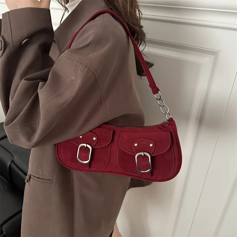 Autumn Vintage Women Suede Shoulder Bags Double Pocket Lock Design Ladies Underarm Bag Solid Color Female Phone Handbags Purse
