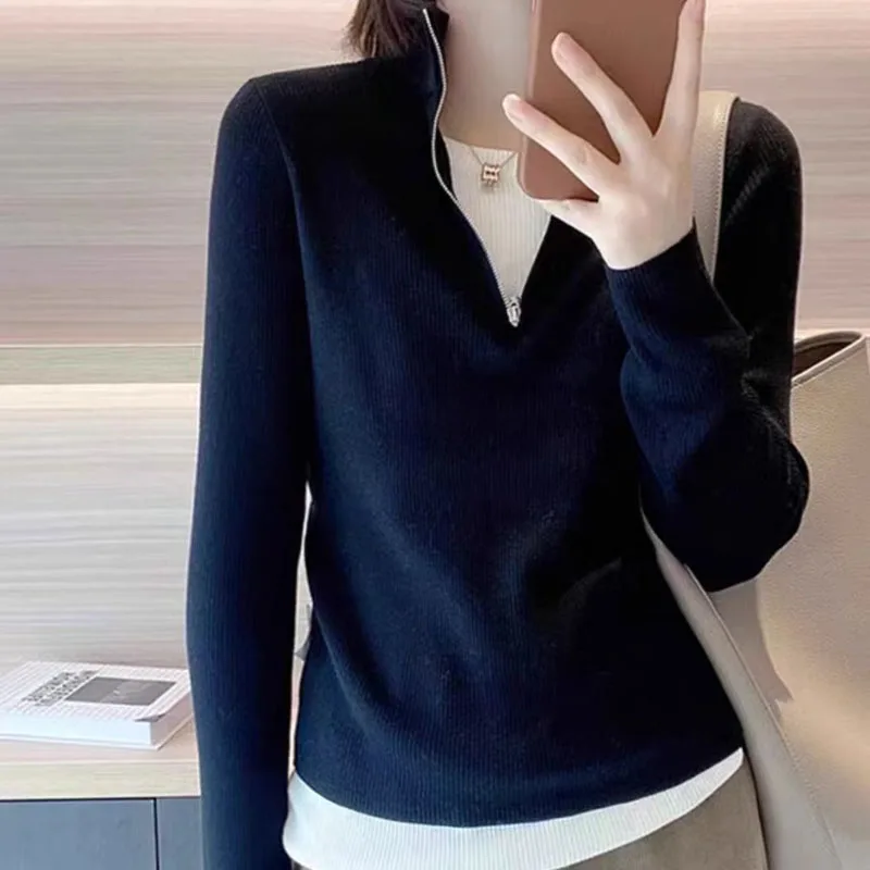 Fake Two-Piece Spliced Half Zipper Stand Collar Wool Knitted Sweater Autumn Winter Slim Fit Pullover Long Sleeved Tops For Women