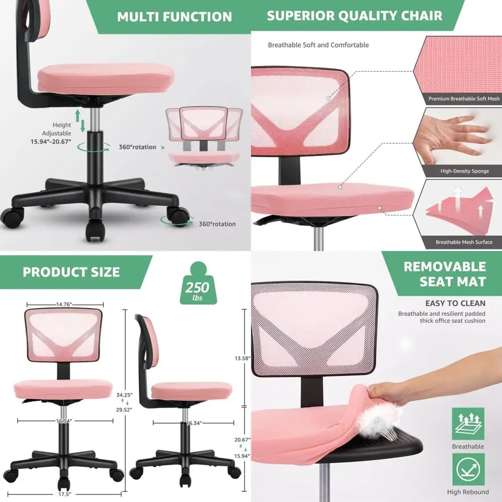 

Ergonomic Armless Office Chair, Low Back Swivel Desk Chair, Adjustable Rolling Computer Chair for Small Spaces, Home, Bedroom, S