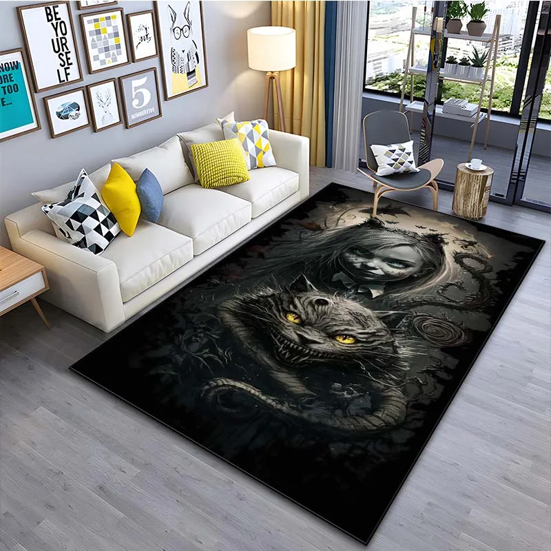 Dark Cheshire Cat and Girl Horror Pattern Floor Rug 15 Size Living Room Bedroom Bedside Bathroom Floor Mat Bedroom Decor Home