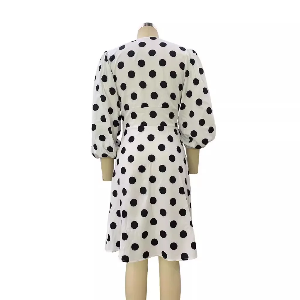 Elegant Polka Dot Mini Women Dress 2025 Autumn New Fashion Sleeve Women Sexy Deep V-Neck High Waist Street Wear Casual Dresses