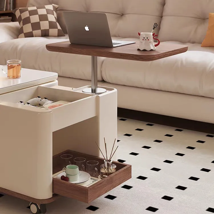 Movable advanced light luxury multi-functional medium and ancient style lifting rock slab coffee table desk