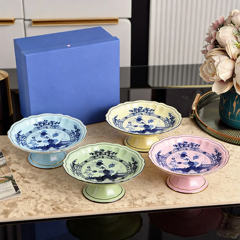 Plato de Frutas de Cerámica de la Serie Oriental de 8.5 Pulgadas con Base Alta, Plato de Comida Exquisito de Alta Gama para el Hogar, Soporte para Pastel, Vajilla de Lujo