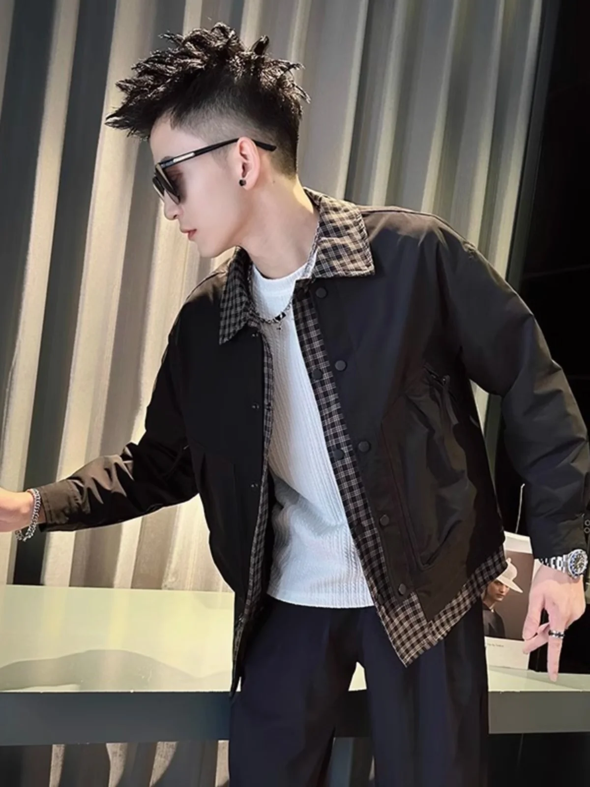 

Осеннее повседневное клетчатое мужское модное молодежное пальто Haome в стиле пэчворк с искусственным воротником-молнией и длинным светом, облегающее пальто